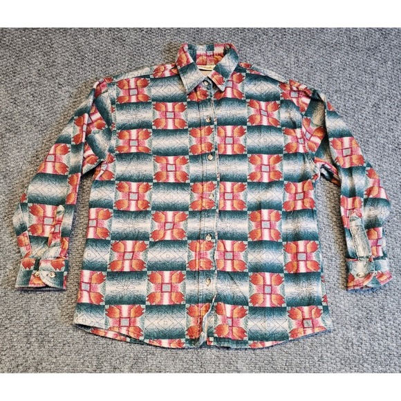 Cabelas For Women Button Up Flannel Shirt Aztec Pattern Red Teal Size Medium - Picture 2 of 6